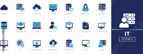 IT icon set. Technology, network, Including server, computer, database, software development and more. Solid icon collection.
