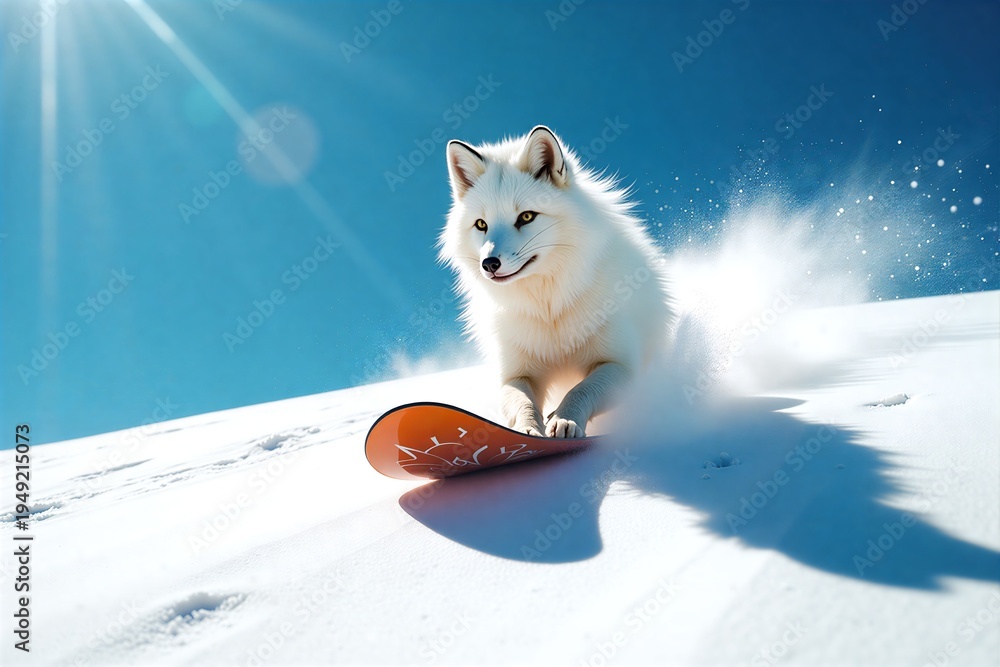 Fototapeta premium White Arctic Fox Riding Snowboard