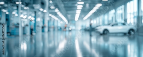 Wallpaper Mural Blurred interior of a modern automotive service center with white cars and bright lights, concept for dealership promotion, vehicle maintenance services and industrial workshop background Torontodigital.ca