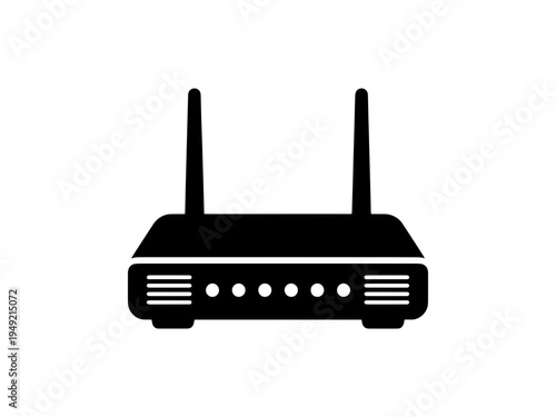 A minimalist black silhouette vector icon of a wireless router with dual antennas, representing home networking and broadband internet connectivity.