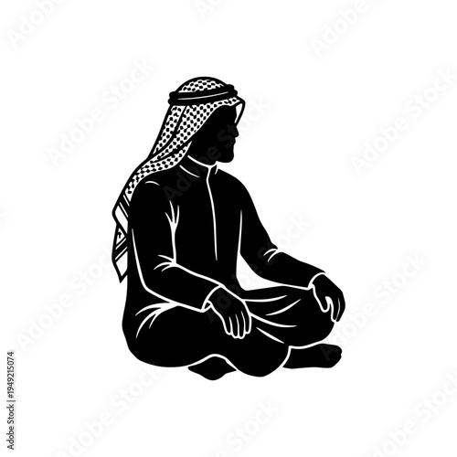 A minimalist black silhouette of a Middle Eastern man wearing a thobe and ghutra, sitting comfortably on the ground. Perfect for cultural and traditional concepts.