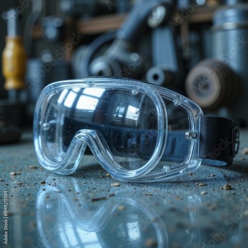Clear safety goggles on a textured surface with industrial tools in the background