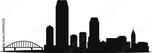 Modern city skyline silhouette with bridge and downtown skyscrapers, minimalist black urban metropolitan architecture horizon isolated on light background for travel design