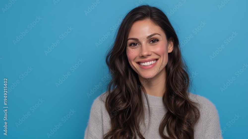 Fototapeta premium Portrait of a beautiful smiling marketing manager with long wavy hair against a plain blue background, concept for professional profile, corporate headshot and marketing campaign