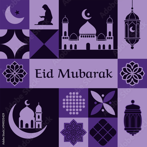 Eid Mubarak festival poster set with flat design Islamic icons and ornaments.