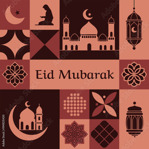 Eid Mubarak festival poster set with flat design Islamic icons and ornaments.