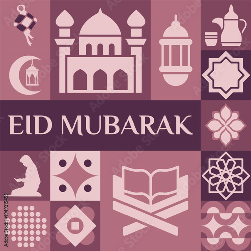 Eid Mubarak festival poster set with flat design Islamic icons and ornaments.