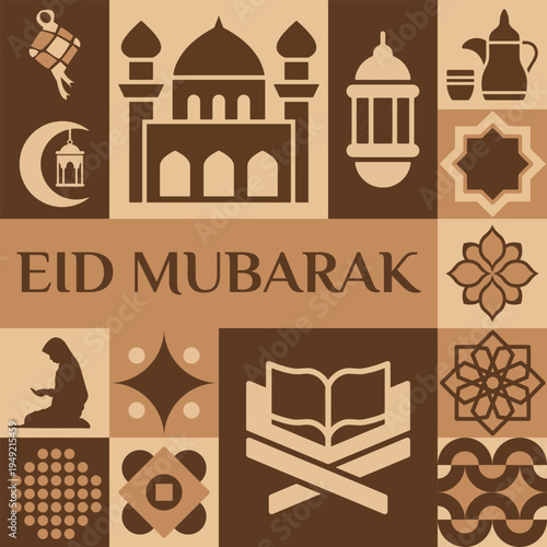 Eid Mubarak festival poster set with flat design Islamic icons and ornaments.