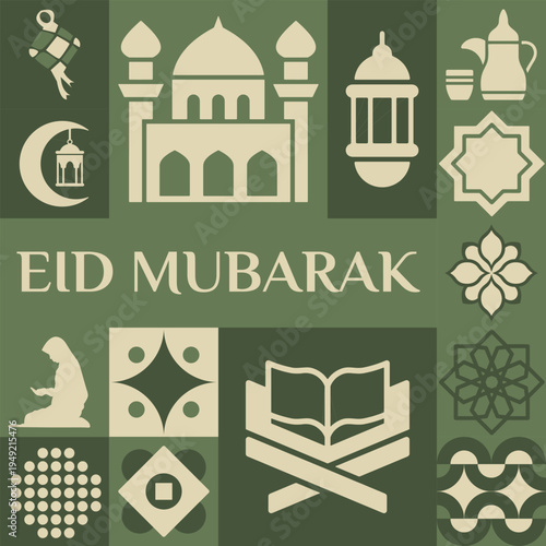 Eid Mubarak festival poster set with flat design Islamic icons and ornaments.