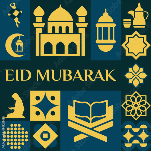Eid Mubarak festival poster set with flat design Islamic icons and ornaments.