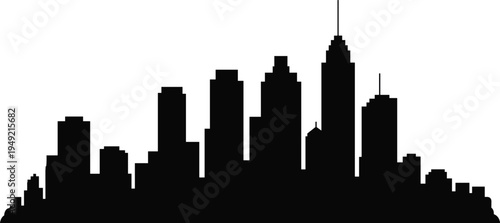 Modern city skyline silhouette with tall skyscrapers and urban buildings, minimalist black metropolitan architecture horizon isolated on light background for travel design