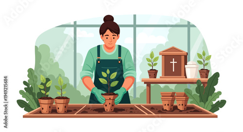 Woman Gardener Tending Plants in Greenhouse.