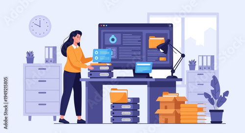 Wallpaper Mural Woman Working on Computer with Marketing Graphics. Torontodigital.ca