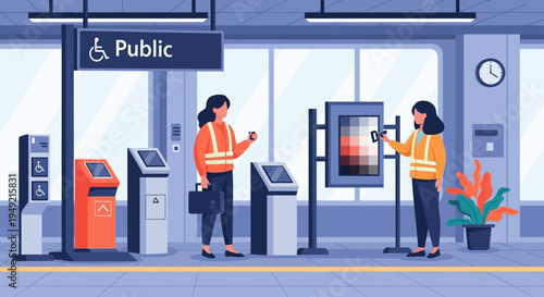 Women in Orange Safety Vests at Ticket Machines.