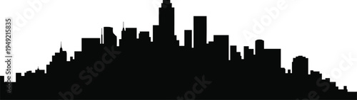 Modern downtown city skyline silhouette with dense skyscrapers and urban buildings, minimalist black cityscape isolated on light background, metropolitan architecture skyline design concept
