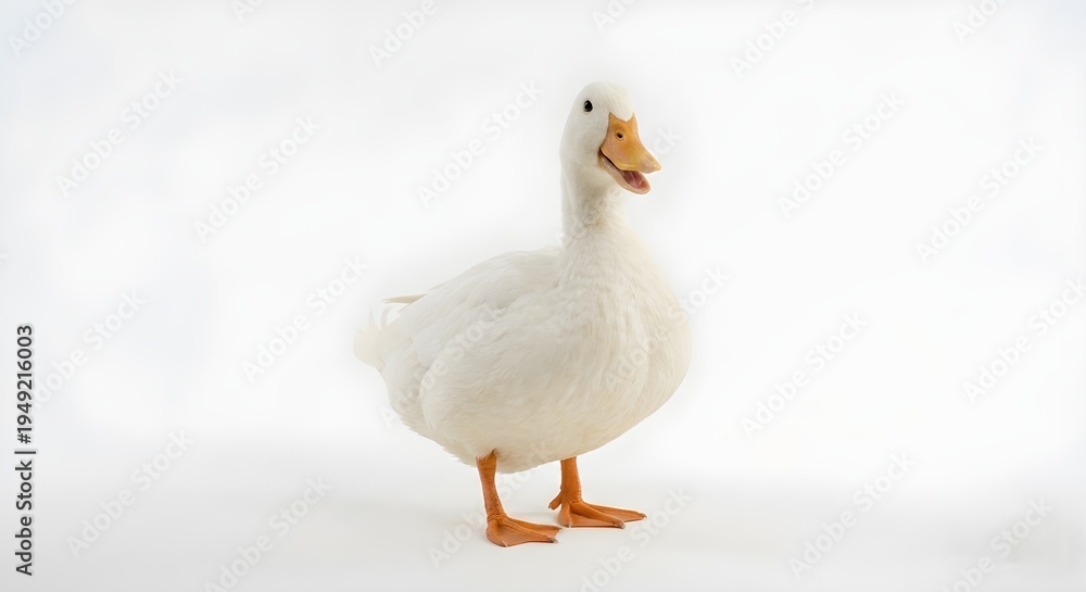 Fototapeta premium Happy White Pekin Duck Standing Isolated on Pure White Background for Farm Animal Education and Commercial Design