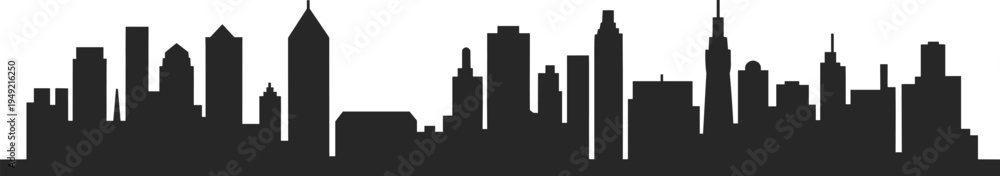 Obraz premium Modern urban city skyline silhouette with downtown skyscrapers and buildings, minimalist black cityscape illustration isolated on light background, metropolitan architecture skyline design concept