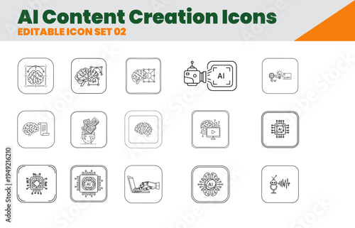 Artificial Intelligence Content Generator Icons – AI Writing Video Image Creation Outline Icon Pack