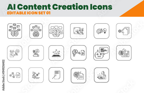 AI Creator Tools Icons – Content Generation Automation Blogging Video Editing Line Icon Set