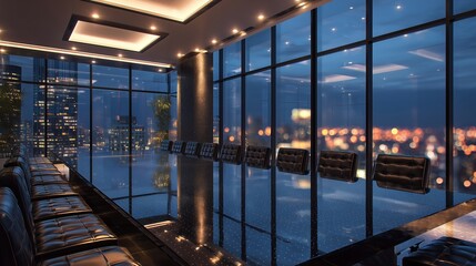 Modern luxury boardroom with large glass table and black leather chairs overlooking night cityscape through panoramic windows, concept for executive meetings, corporate leadership and finance