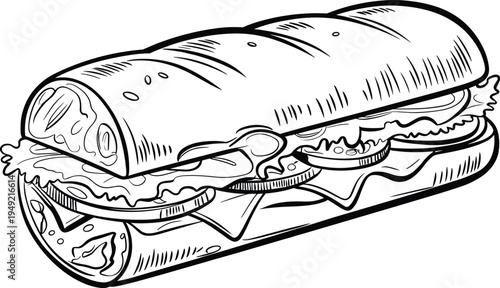 Sub Sandwich with Lettuce Tomato and Cheese Hand Drawn Line Art Isolated on White Background