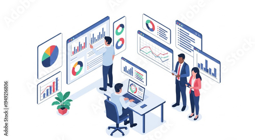 Data Analysis Team Reviewing Charts and Graphs in Modern Office.