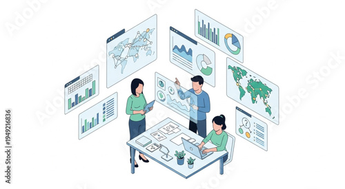 Team Analyzing Data on Screens and Table in Collaborative Workspace.
