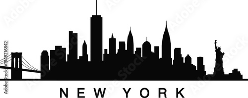 New York skyline silhouette with Brooklyn Bridge, Statue of Liberty and Manhattan skyscrapers, minimalist black urban landmark architecture with New York text