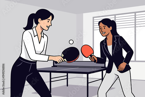 Two women enjoying a friendly game of table tennis in an office setting