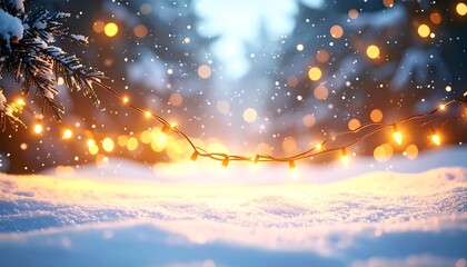 A snow-covered landscape with twinkling fairy lights and blurred background illumination. Focus on detail, depth, and festive lighting