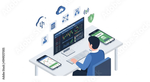 Man Analyzing Data on Multiple Devices at a Desk.