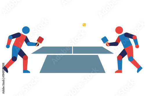 Two players engaging in a table tennis match with paddles and ball