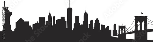 New York skyline silhouette with Statue of Liberty, Brooklyn Bridge and Manhattan skyscrapers, minimalist black urban landmark illustration isolated on light background