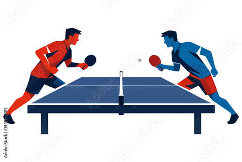 Two players engaged in an intense table tennis match.