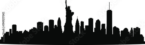 New York skyline silhouette with Statue of Liberty and Manhattan skyscrapers, minimalist black urban landmark architecture horizon isolated on light background for travel design