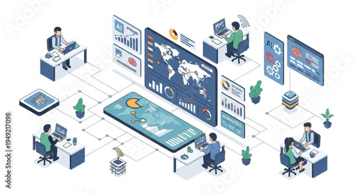Isometric Data Analysis and Visualization Network with People and Devices.
