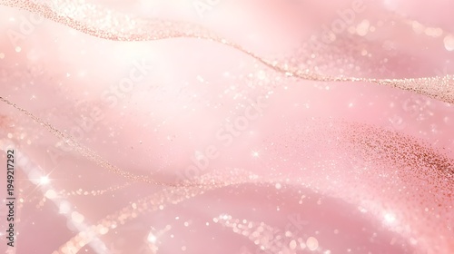 Dreamy rose gold glitter waves with ethereal light bokeh on pink background © AI