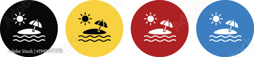 Four circular beach scene icons with sun, umbrella, island, and waves, shown in black, yellow, red, and blue variations