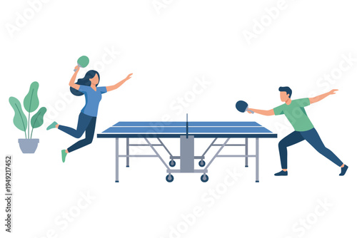 Two players actively engaged in a table tennis match indoors.