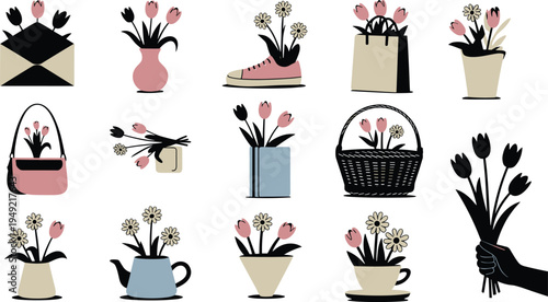 Creative floral arrangements of pink tulips and white daisies in everyday objects including vase, basket, book, teapot, sneaker, and handbag