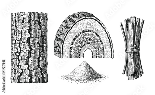 Set of bark piece wood slice cinnamon sticks and powder vector illustration