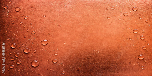 Macro closeup of red water drops creating an abstract liquid texture with wet droplets and clean bubbles on a vibrant surface