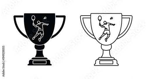 Two trophy icons featuring badminton players in action black and white silhouette