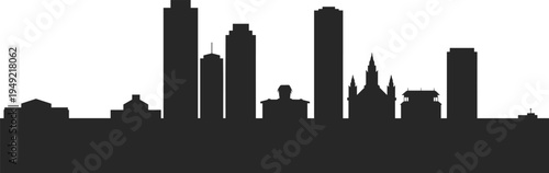 Urban city skyline silhouette with modern skyscrapers and historic buildings, minimalist black metropolitan architecture horizon isolated on light background for travel design