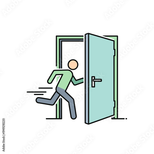 Person running through open doorway, exit concept, clean illustration