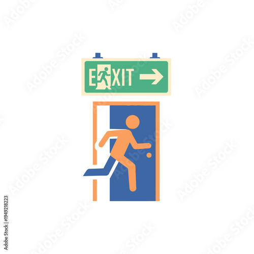 Man running through open door towards exit sign, emergency escape illustration