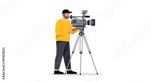 Man operating a large video camera on a tripod stand