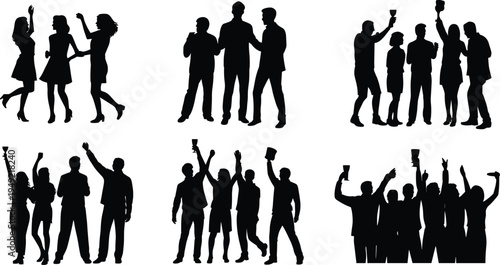 Silhouettes of groups of people celebrating with drinks, dancing, and toasting representing social gatherings, party, camaraderie, friendship, and festive events