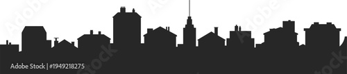 Urban residential city skyline silhouette with houses and buildings, minimalist black neighborhood architecture horizon isolated on light background for real estate design