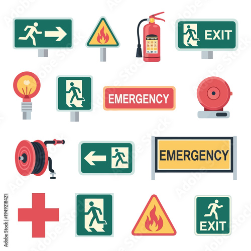 Safety Signs: Exit, Fire Extinguisher, Emergency, First Aid, Warning Icons